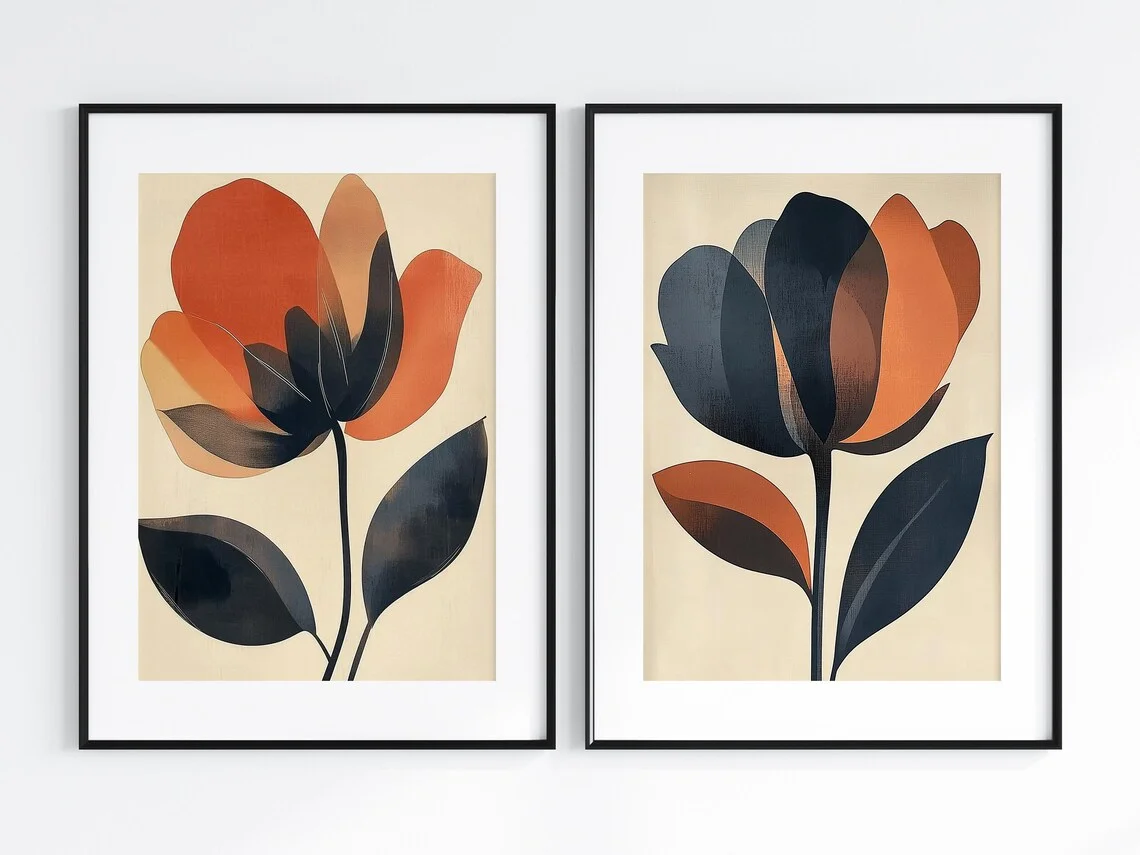 Flower Wall Art Print, Set of Two Decor Paintings, Navy Orange Posters, Abstract Botanical Artwork for Living Room Bedroom