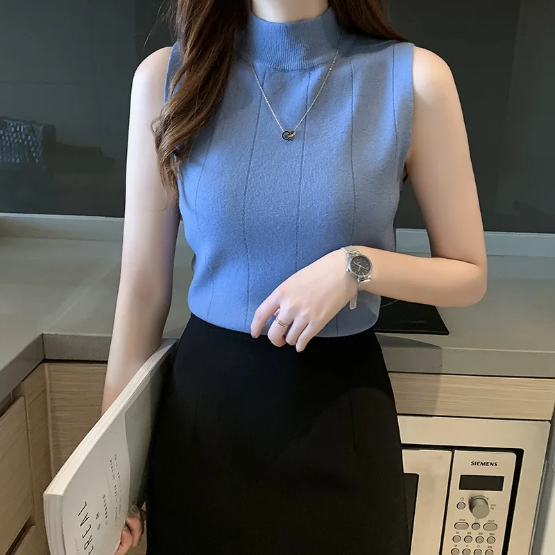 2026 New Arrival Trendy Solid-Color Half-High Neck Base Layer Slim-Fit Sleeveless Knit Sweater Elegant Commuter Inner Vest Top