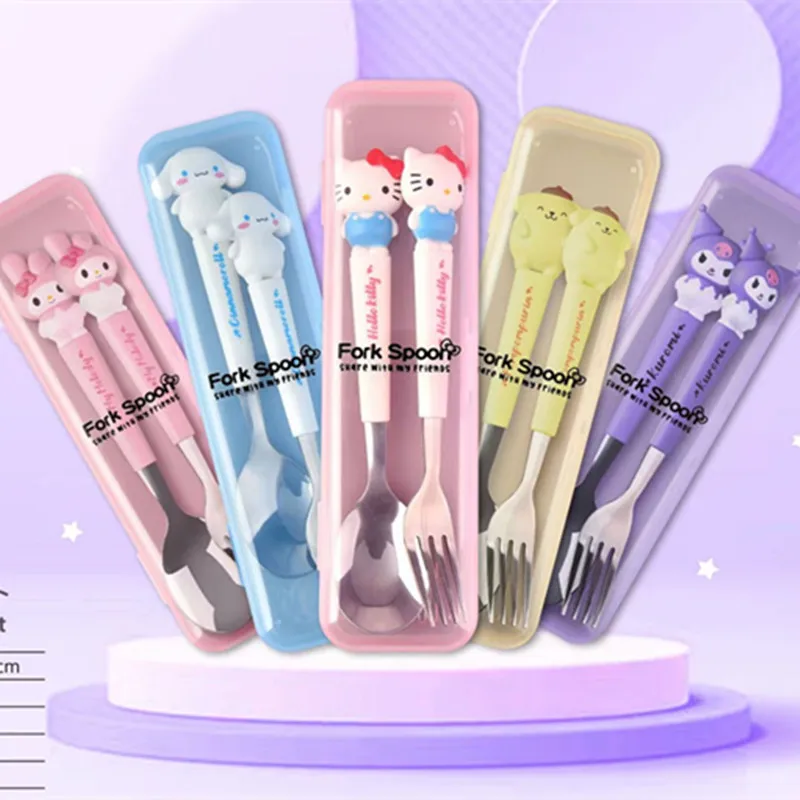 

Kawaii Sanrio Cinnamoroll Melody Fork & Spoon Set Cute Hello Kitty Kuromi Stainless Steel Students Children's Cutlery Set Gift