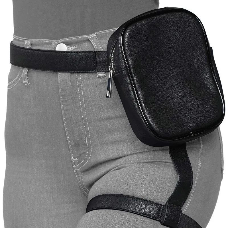 Trendy Stylish Black Women Waist Leg Belt Leather Cool Girl Bag Fanny Pack for Outdoor Hiking Motorcycle