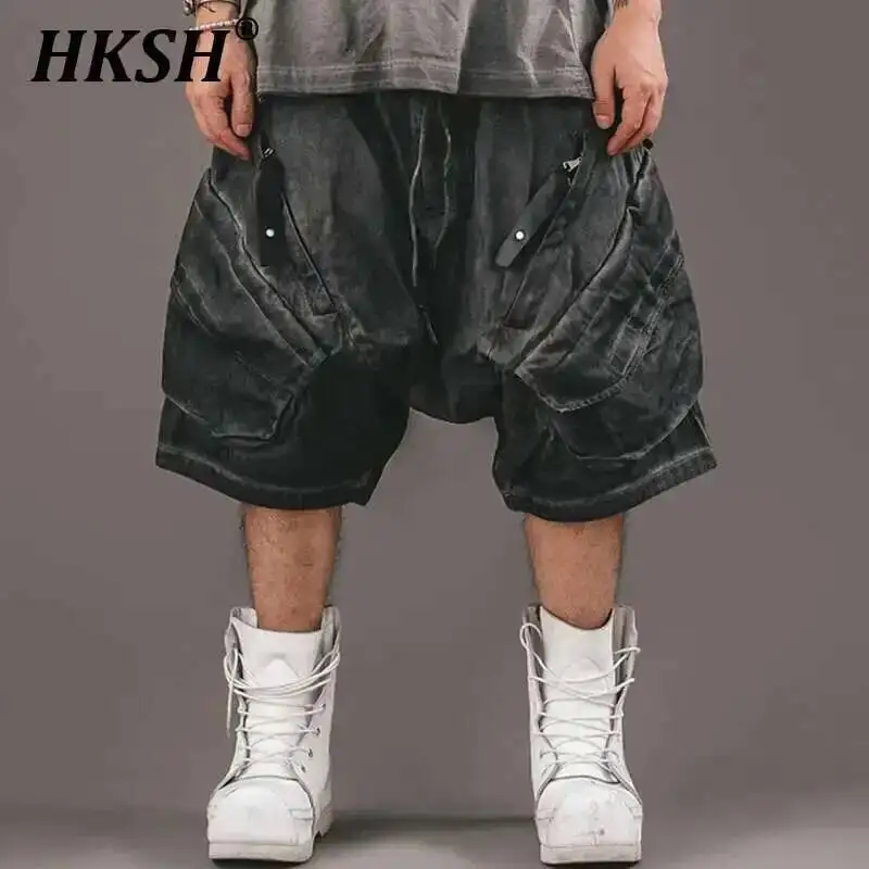 

HKSH Summer New Men Tide Dark Techwear Waste Land Ins Dirty Washed Shorts Dirt Niche Multiple Pocket Cotton Loose Capris HK4676