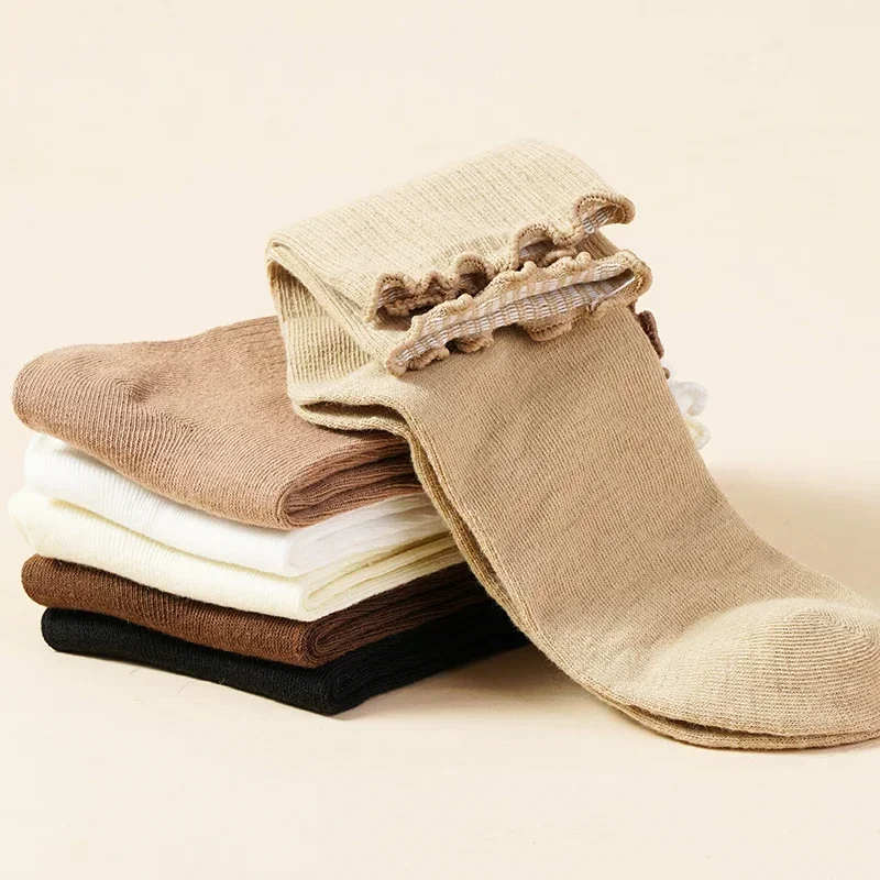 

5 пар/лот, женские носки средней длины с рюшами, хлопковые средние носки до щиколотки, короткие дышащие черные, белые базовые носки, весна-осень