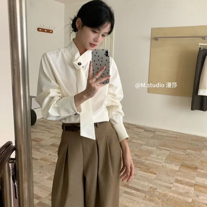 

2025 New Autumn French Shirt Chic Top Ribbon Temperament Commuting Long-sleeved Design Loose Cardigan