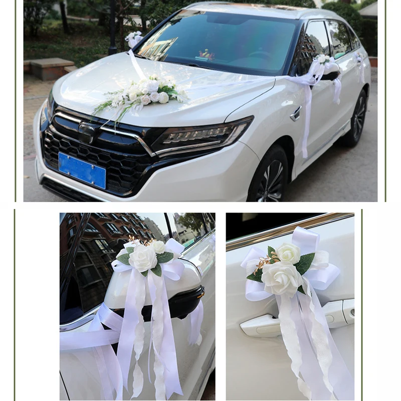 Yannew 8pcs/Set Wedding Car Decorations kit Flowers Champagne Aftificial Rose with Ribbon for Car Mirror Door Handle Decor Party
