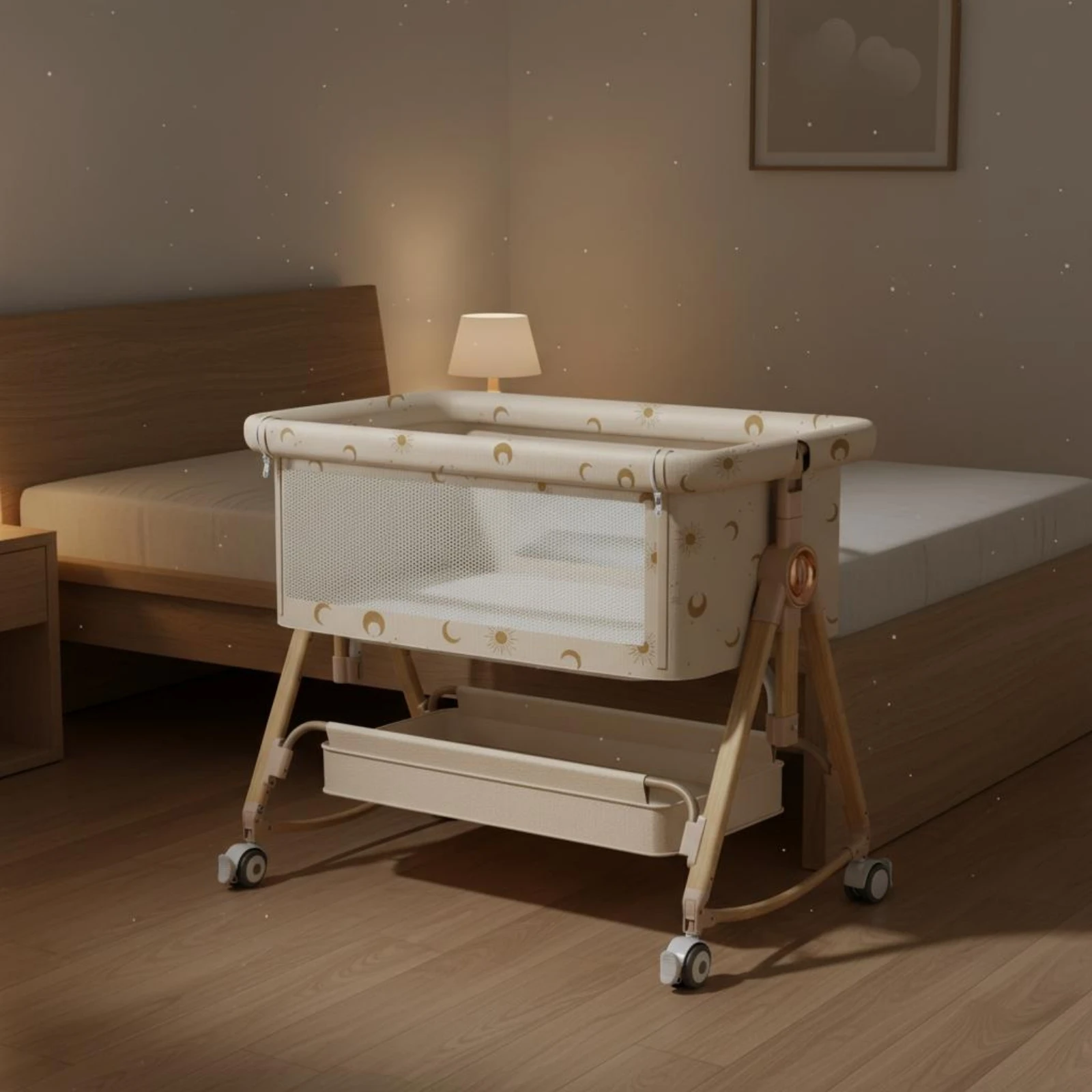 Baby Bedside Crib Multifunction Portable Crib Folding Baby Bed Easy to Assemble Folding Bassinet Storage Pocket for Babies