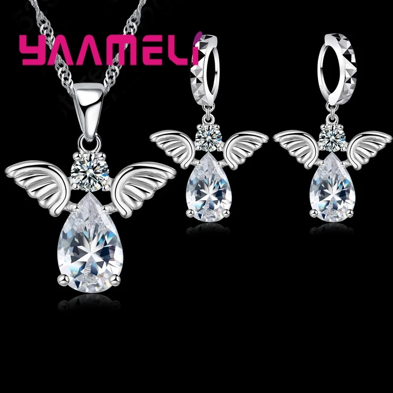 Sale Specials Cute Angel Shape Jewelry Sets Crystal 925 Sterling Silver Pendant Necklace And Earring Set Lady Birthday Free Ship