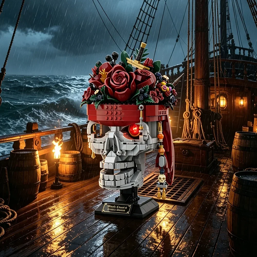 Gobricks MOC Pirate Skull Flower Bouquet Building Block Model Pirate Skull Flower Potted Plant Decoration Bricks Toys Adult Gift