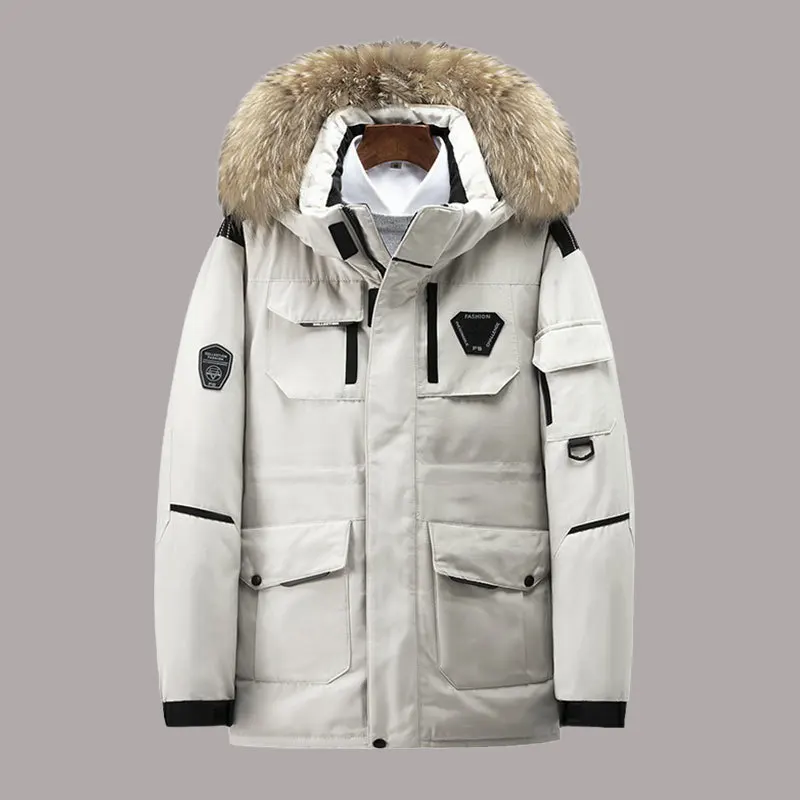 

Fall Winter White Duck Down Jacket for Men Tooling Wind Thick Warm Snow Parka Jacket Overcoat Windbreaker Fur Hooded Down Coat