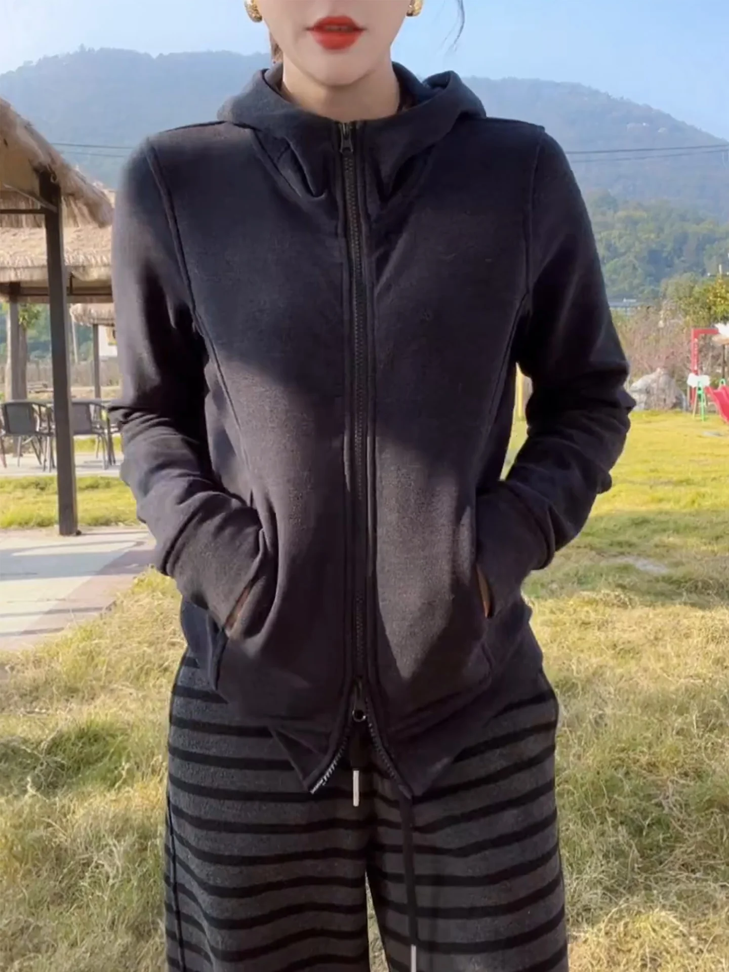 

Deep ey Zipper Casual Hoodie Women's Long Sve Outerwear Faionable Slimming Versatile Jaet Korean Sle Commute