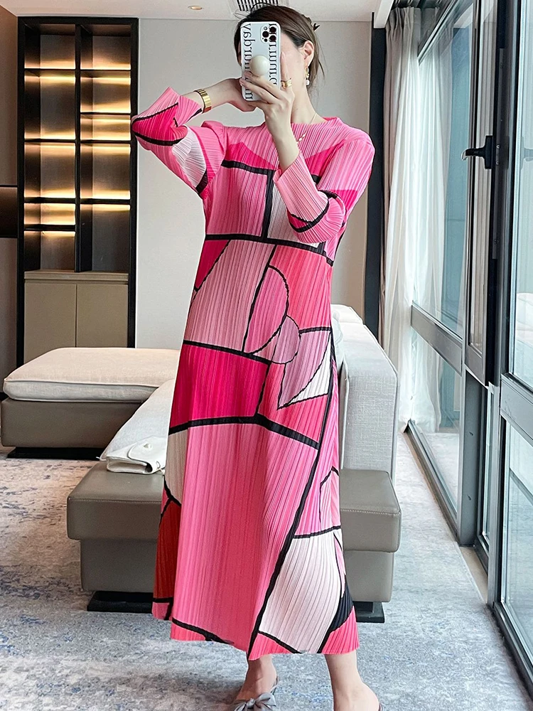 LANMREM Geometric Pattern Printed Long Dress with Sleeves Women O-neck Slim Fit Color Block Elegant Dresses 2024 Clothing 2Z1215