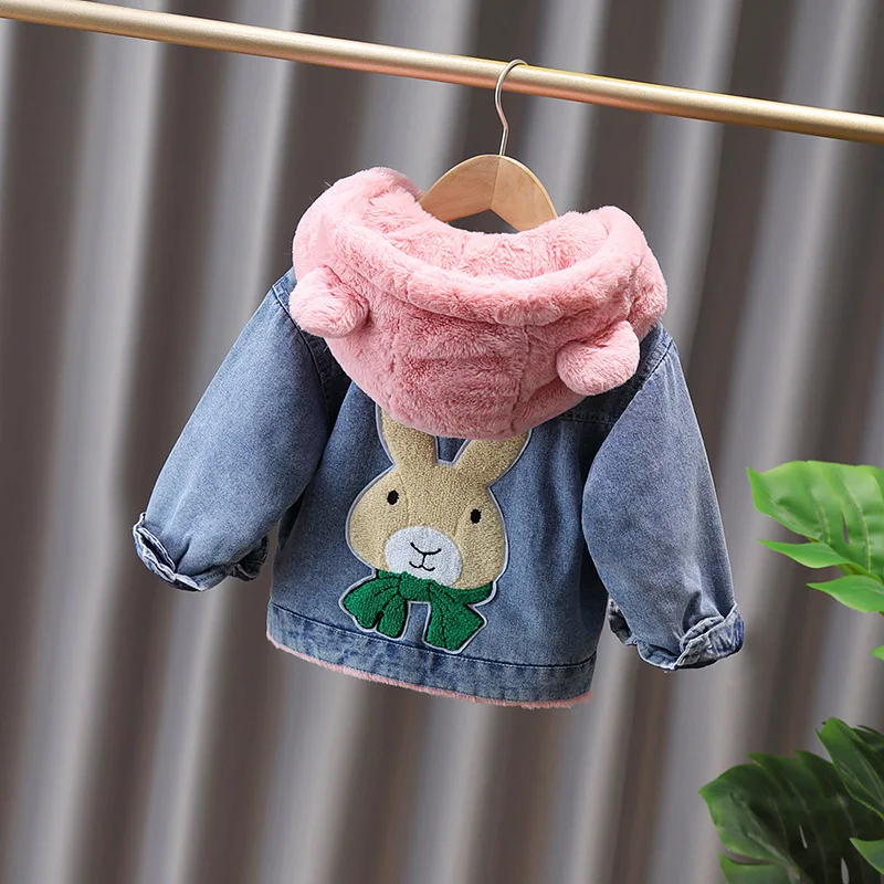 Baby Mädchen Jeans-Fleece-Kapuzenjacke 2026 Herbst Winter Kinder Niedliche Hasen-Applikation Dicker Warmer Mantel Kinderbekleidung Oberbekleidung – Detail 5