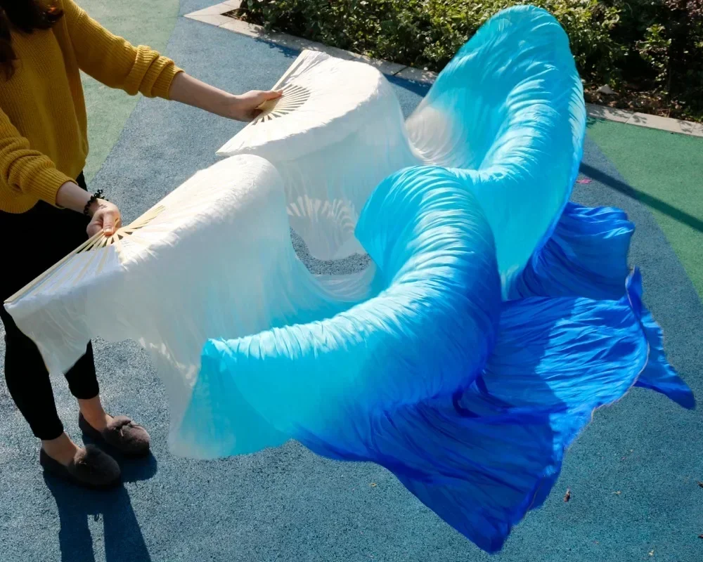 High Quality Silk Belly Dance Fan Dance 100% Real Silk Veils Left+right On Sale white+turquoise+royal blue Fast delivery