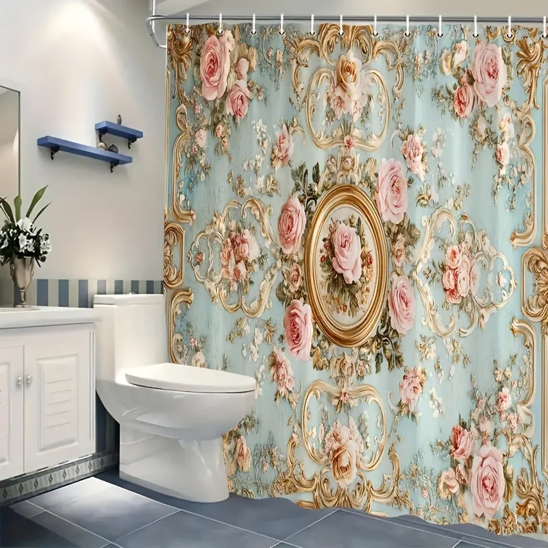 2D Flat, 2D Flat, 1pc Luxurious Vintage European Palace-Themed Shower Curtain with Floral Patterns; Features Golden Carved Decor - view 4