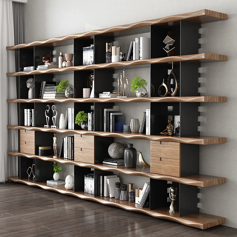 

American solid wood bookshelf floor to ceiling office partition locker display rack living room simple wrought iron bookcase