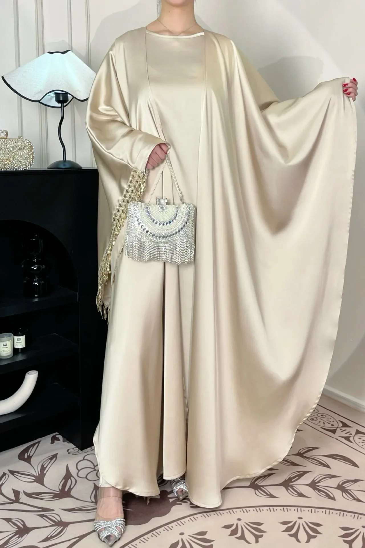 Two Piece Abaya Set With dress Kimono Long Sleeves Under Dress Eid Ramadan Muslim Women Islamic Clothing Kaftan Evening Robes