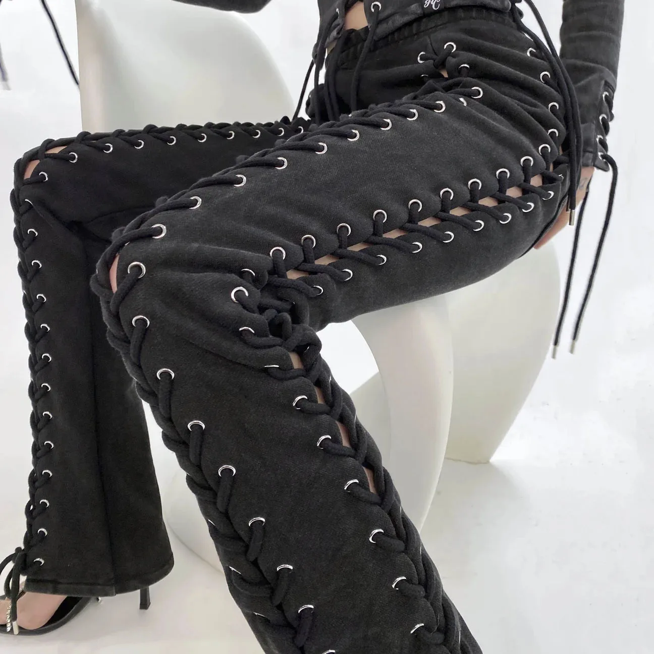 Women Black Jeans High Waist Slimming Lace-up Pants Street Casual Female Pants