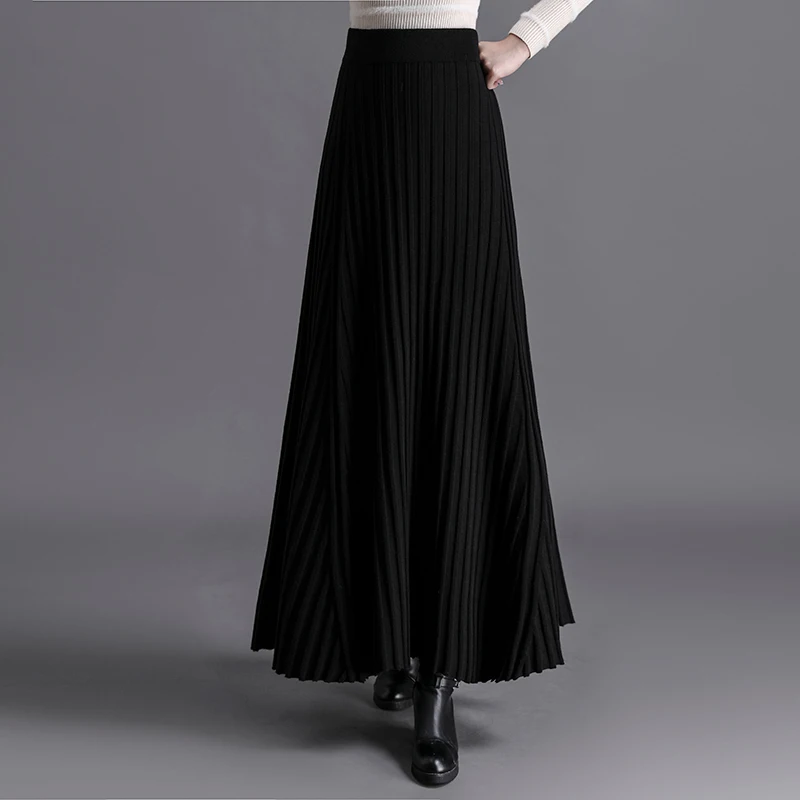 Elastic Waist Black Striped Knitting Maxi Skirts For Woman 2024 Elegant Fashion Winter Warm Sweater Saias Longas