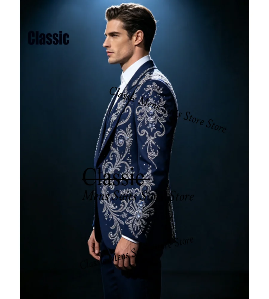 Customized Gem Diamond Men Suit Intricate Rhinestone Jewelry Evening Tuxedo Slim Simple hombre 3 Pieces Set Groom Male Blazer