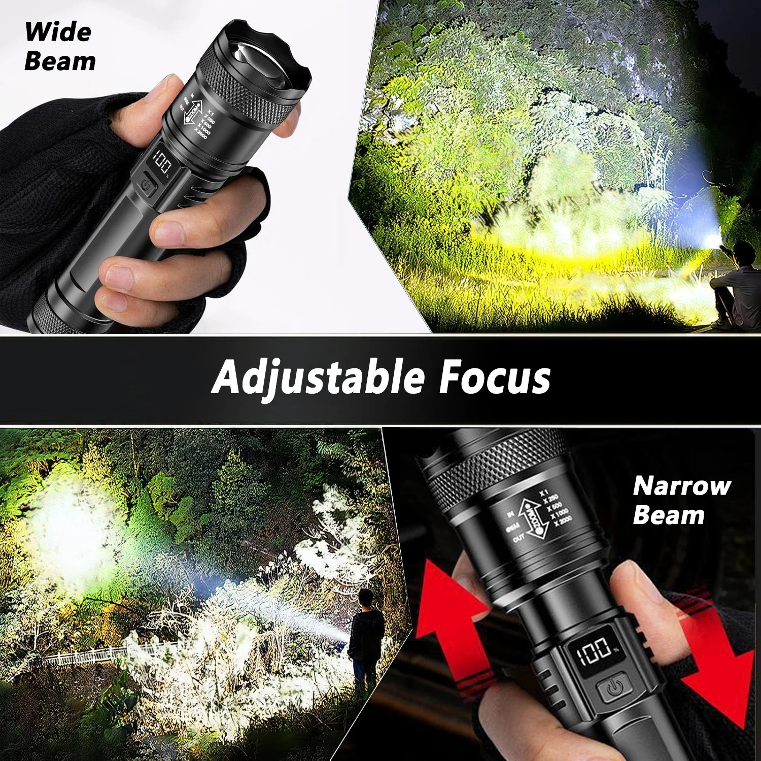 Torcia LED ultra luminosa 2000LM Tipo-C Torcia tattica ricaricabile con zoom a lungo raggio Lanterna da pesca da campeggio di emergenza esterna