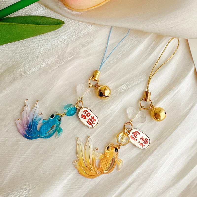 

1PC Retro Good Luck Mobile Phone Chain With Bell Luck Koi Beaded Charm Phone Lanyard Purse Pendant Earphone Bag Hanging Decor
