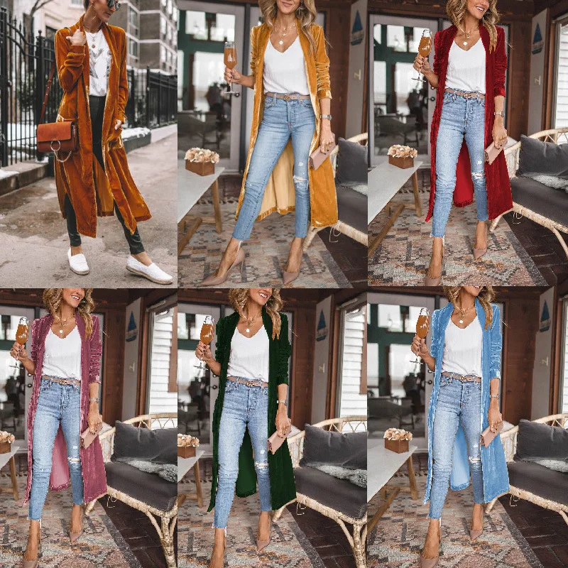 Herfst/Winter Street Trendy Dames Losse Goudfluwelen Stretch Lange Jas Solide Elegant Kantoor Lady Party X-LONG Vest Jas