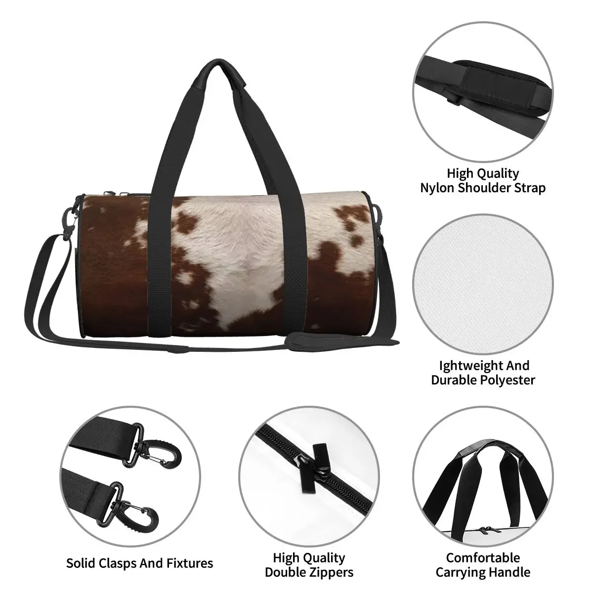أنيق البقرة الفراء جلد البقر الملمس جلد البقر طباعة نمط كبير واق من المطر حقيبة قاعة رياضة مقاوم للماء واق من المطر حقائب السفر حقائب اللياقة البدنية