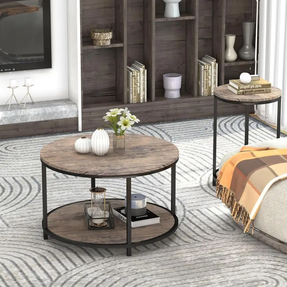 Modern 2-Tier Light Walnut Coffee Table with Storage, 25.6 Small Living Room Furniture