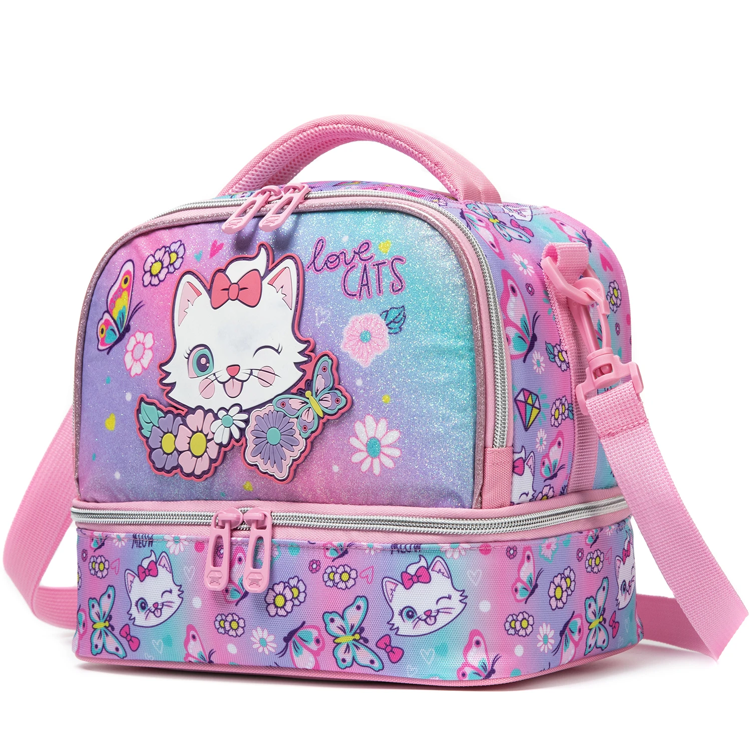 Cute Cat Print Glitter Double Layer Lunch Bag for Kids Girls with Shoulder Strap, Insulated Lunch Tote for School Picnic Travel view 6