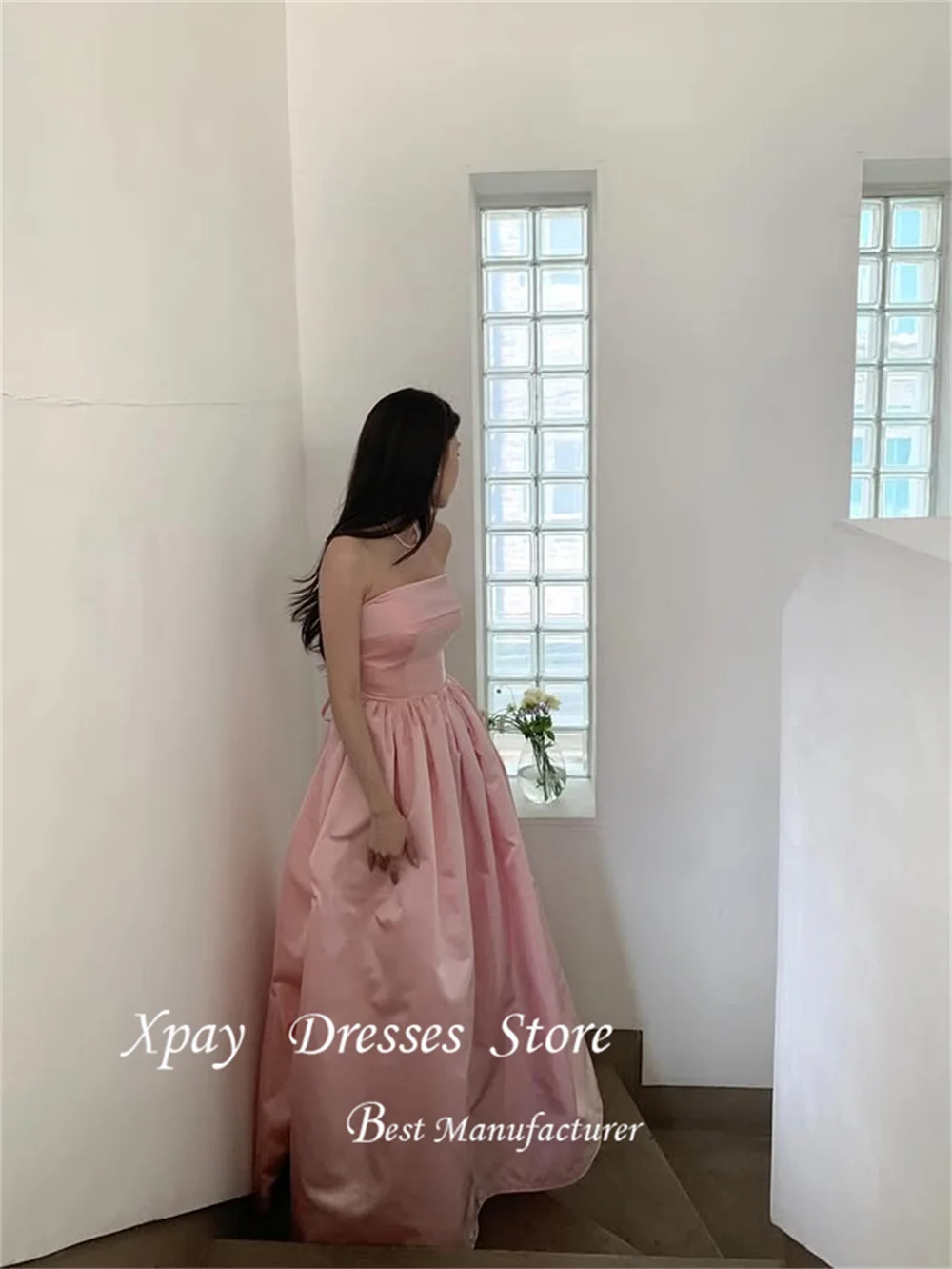 

XPAY Strapless Satin A-Line Evening Party Dresses Korea Corset/Zipper Back Wedding Women Gowns Event Prom Gowns Customized