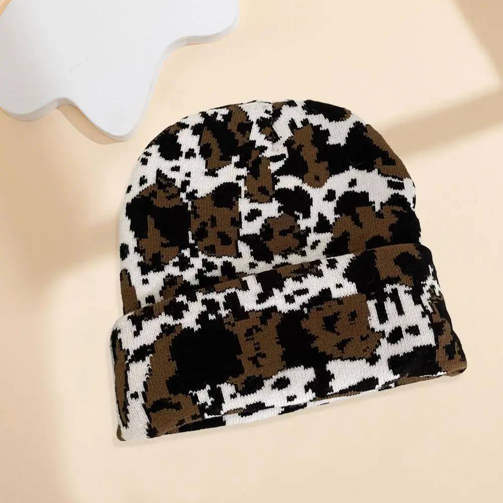 

Milk Cow Print Beanie Hat Autumn Winter Thick Warm Knitting Hat Unisex Animal Print Dome Skull Hat Streetwear