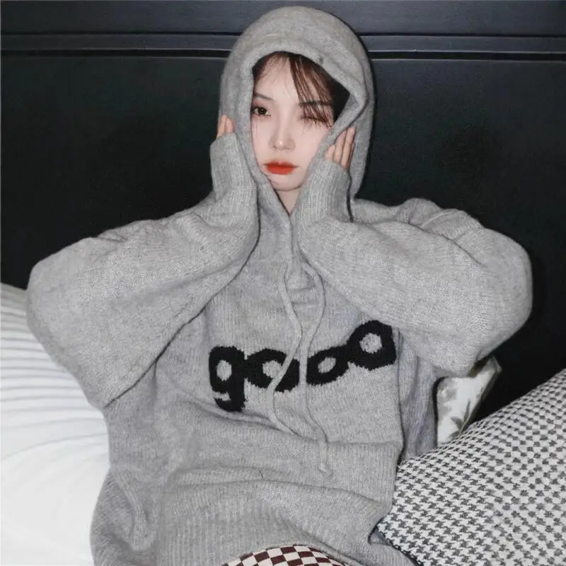 

Модный серый свитер с капюшоном, женский осенне-зимний ретро-мягкий уютный длинный кардиган в ленивом стиле, женский свитер