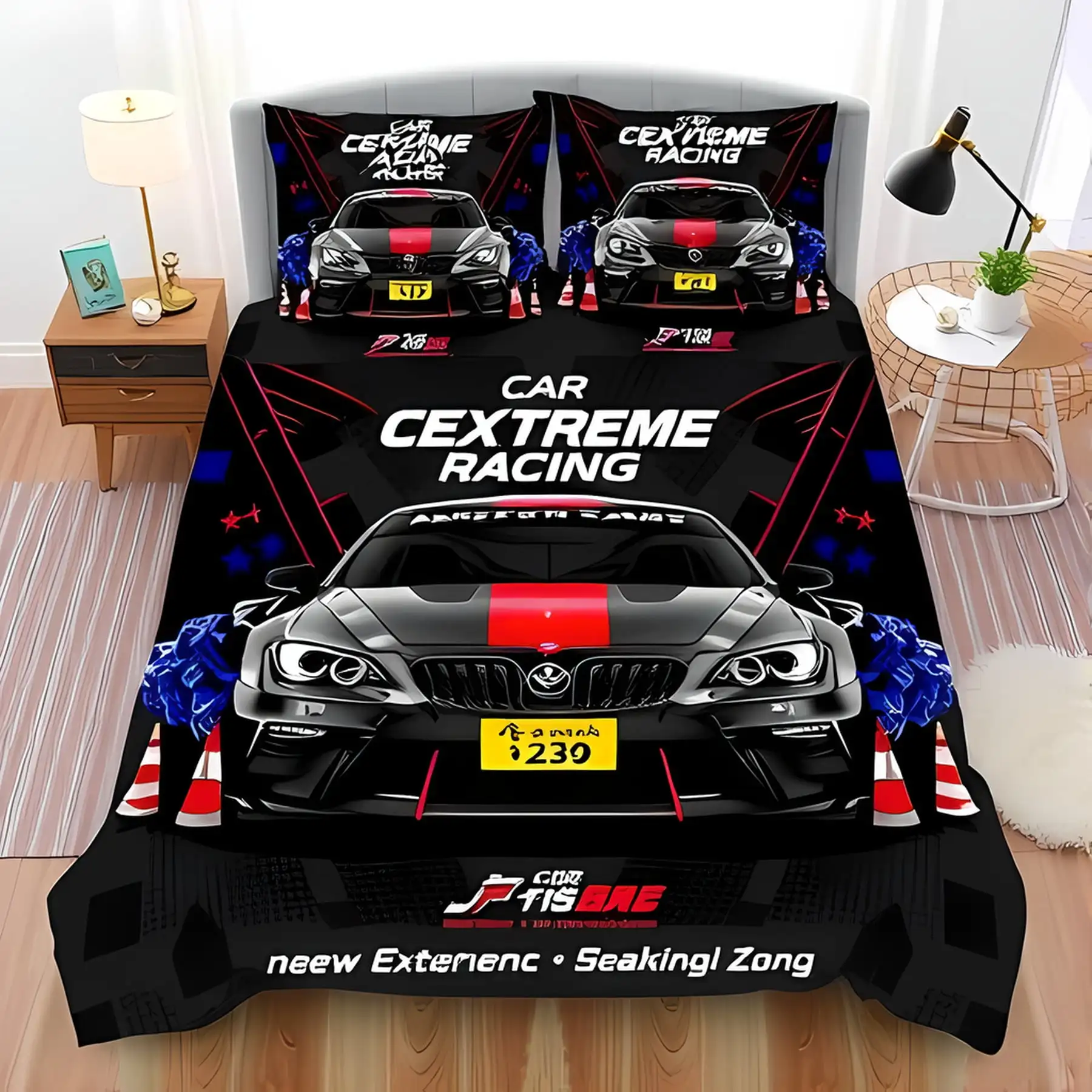 

Racing Duvet Cover Set Black White with Yellow Accents Race Car Motifs Design Perfect for Motorsports Enthusiasts Soft and Warm