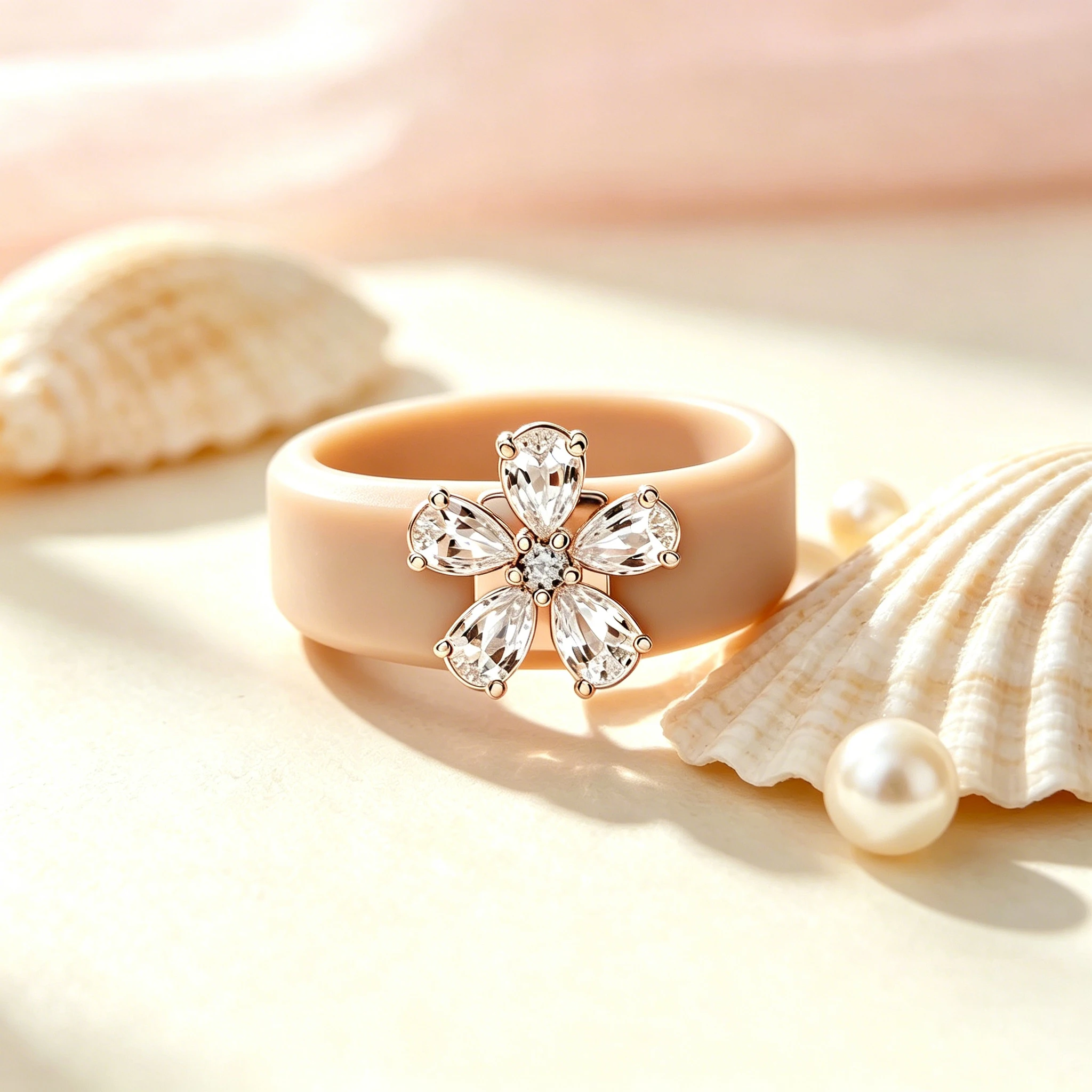 Khaki Silicone Flower Ring,Pear Shape CZ Five-Petal Decor Wide Band, Soft Skin-Friendly Fashion Stackable Ring for Ladies