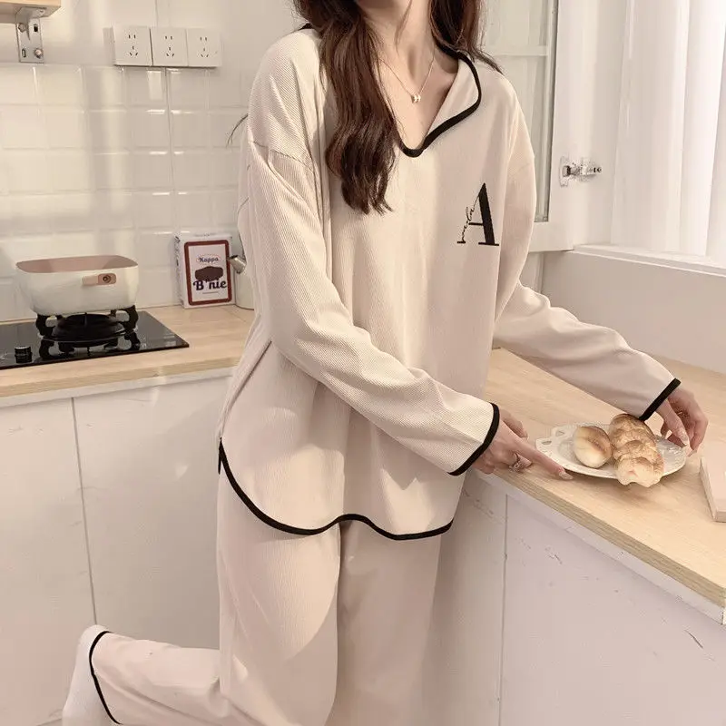 Female Pajamas Women's Spring Autumn 2024 New Long-Sleeved Home Wear Two-Piece Casual Simple Letter Loose V-neck Sleepwear Set