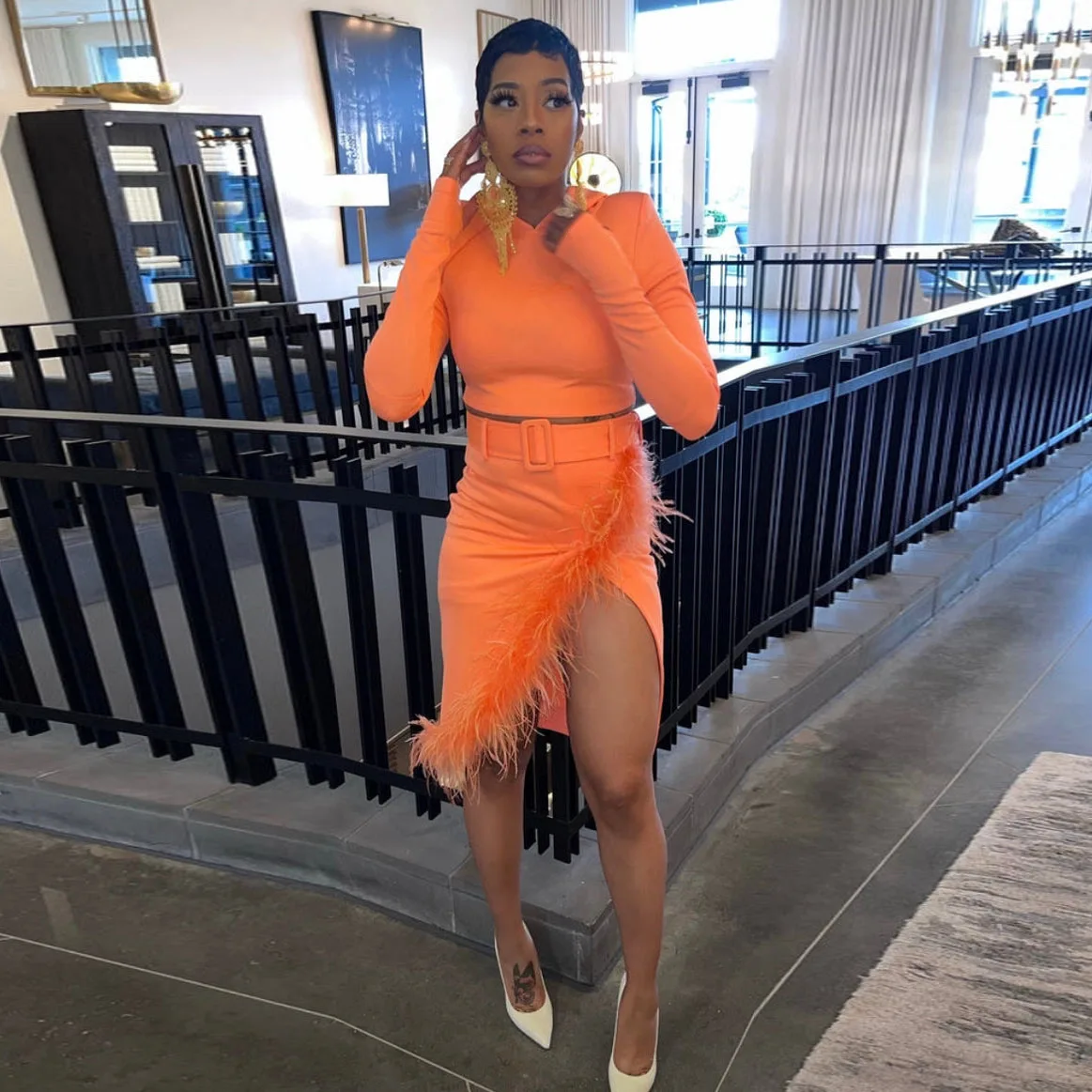 Fashion Hot Orange Stretchy 2 Pieces Women Sets The Short Blouese With Hoodies Asymmetrical Feather Skirt Women Dresses