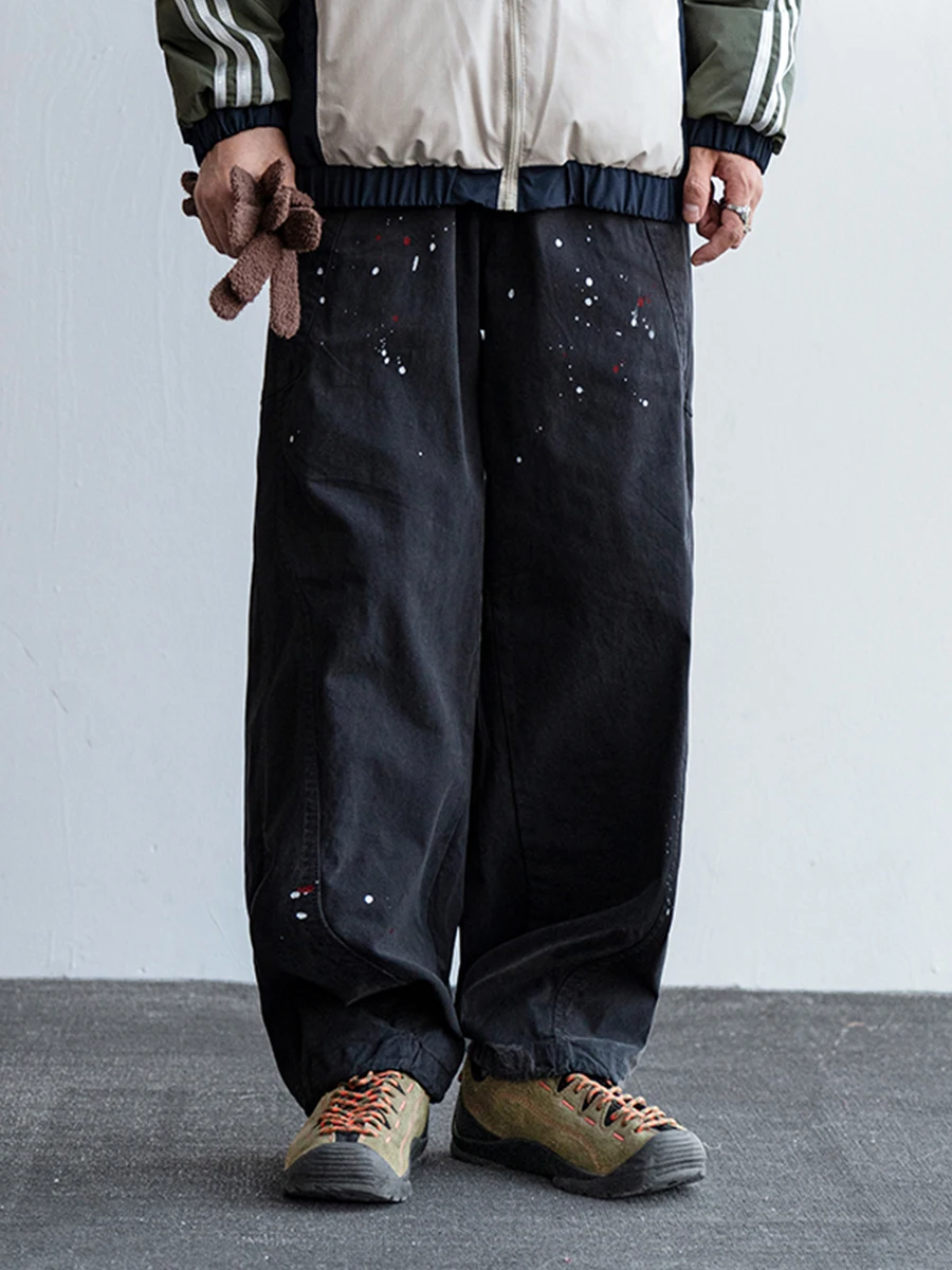 

Handmade Wax Dye Straight Leg Men's Casual Pants Workwear Long Trousers Street Sle Multi-ket Loose Fit Cuffed Trousers