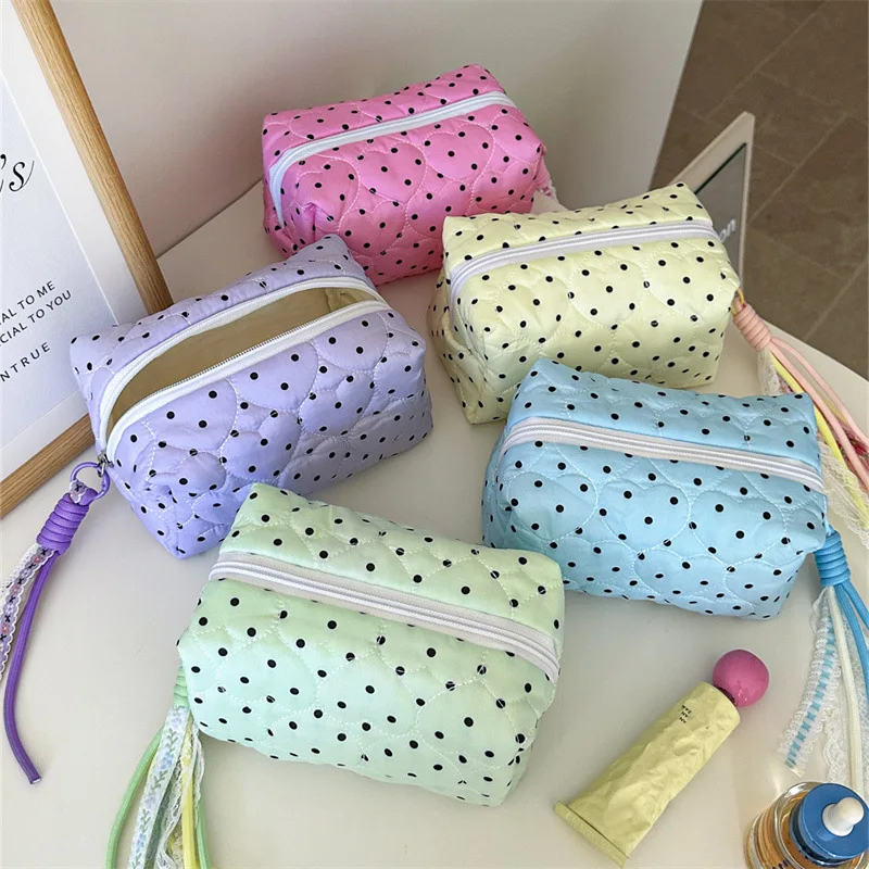 INS Polka Dot Heart Quilted Makeup Bag for Women Large Capacity Travel Toiletry Organizer Thick Padded Zipper Storage Pouch