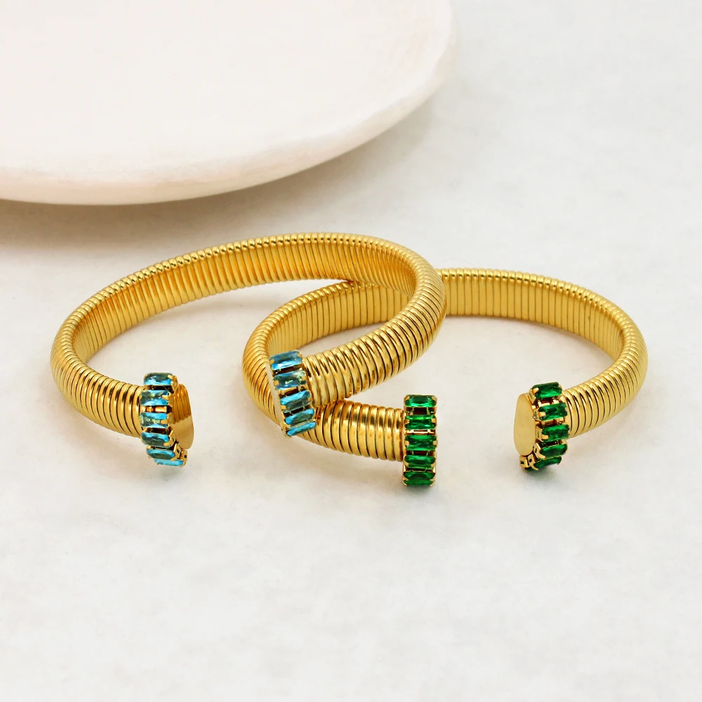 USENSET 10mm Luxury Colorful AAA CZ Inlaid Stainless Steel Cuff Bangle Statement Textured Spiral Arm Bracelet for Men Women