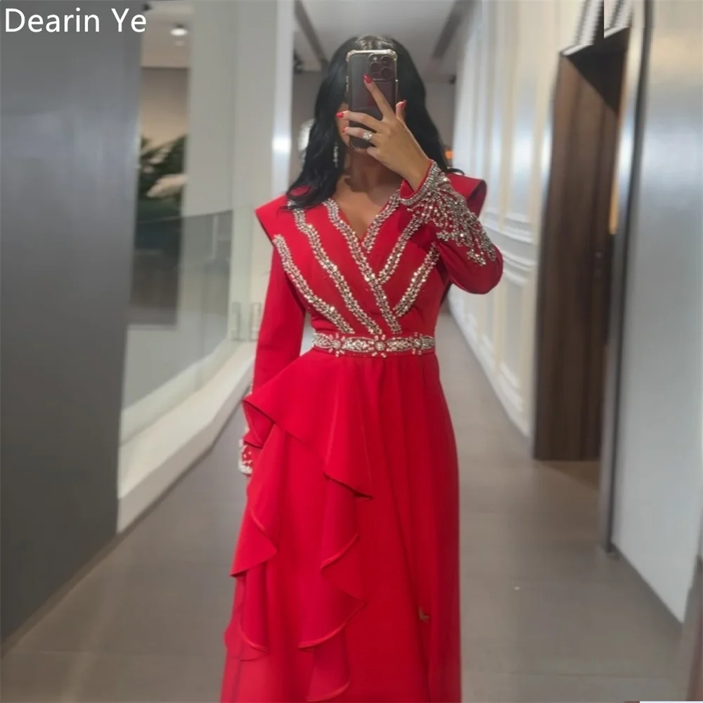 Customized Saudi Arabia Dearin V-neck A-line Floor Length Skirts Layered Draped Contoured Beading Bespoke Occasion Dresses Prom