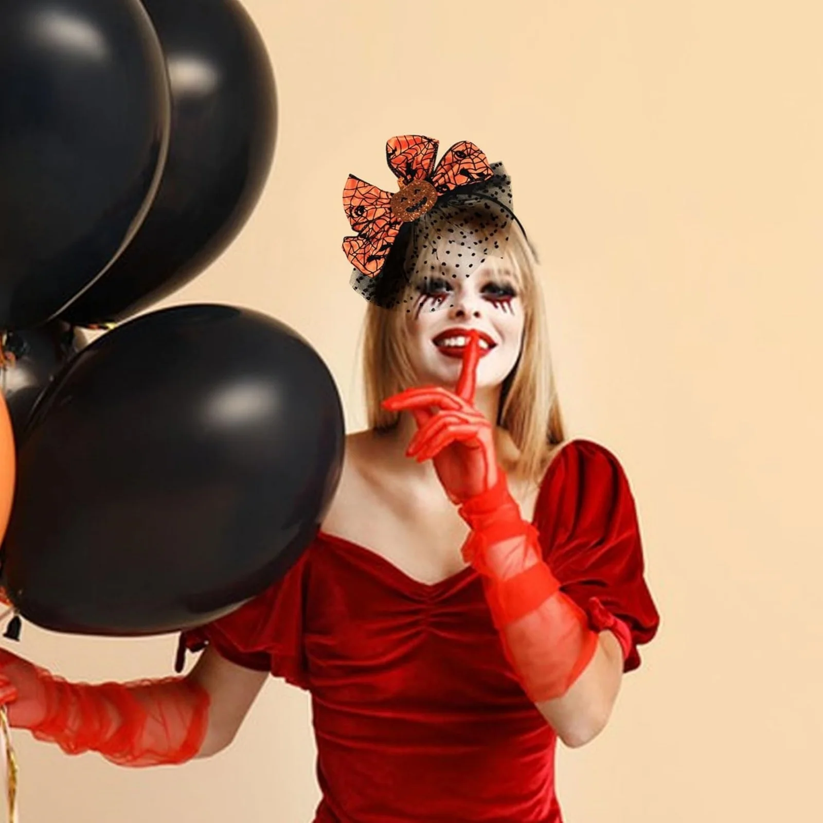 1PC  Halloween Themed Headband, Orange Pumpkin Bow With Spider Web & Black Mesh, Festive Hair Decor