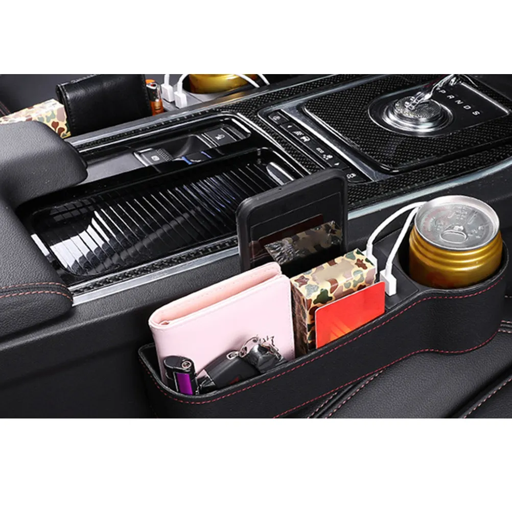 Car Seat Gap Storage Box Brown Dual USB Charger Cup Holder Organizer Universal Car Seat Gap Filler Catcher Driver Side Pocket