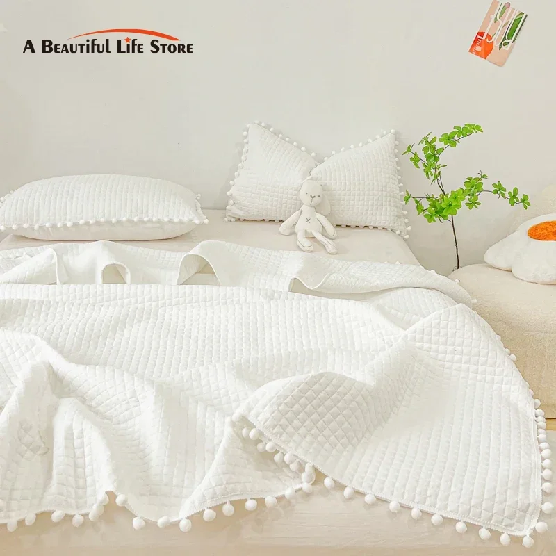 INS Style White Pink Summer Bedspread on the bed Washed Solid Color Hair Ball Edge Quilt Air-conditioning Blanket Home Textiles