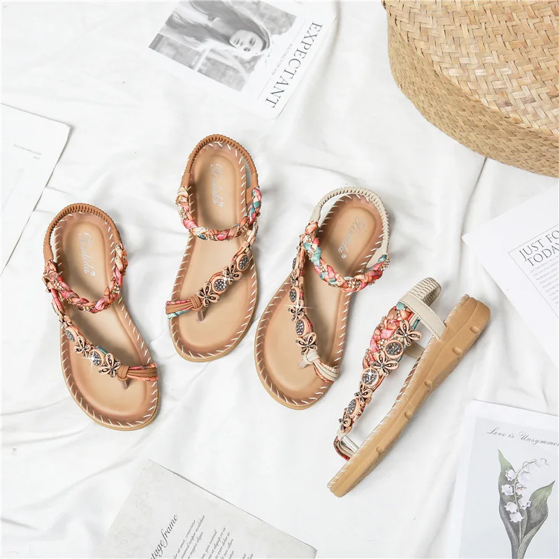 Plus Size 36-41 Low Sandals Women Leather Low-heeled Bohemia Style Beach Flip Flops Lighweight Comfortable Soft Sole Slippers