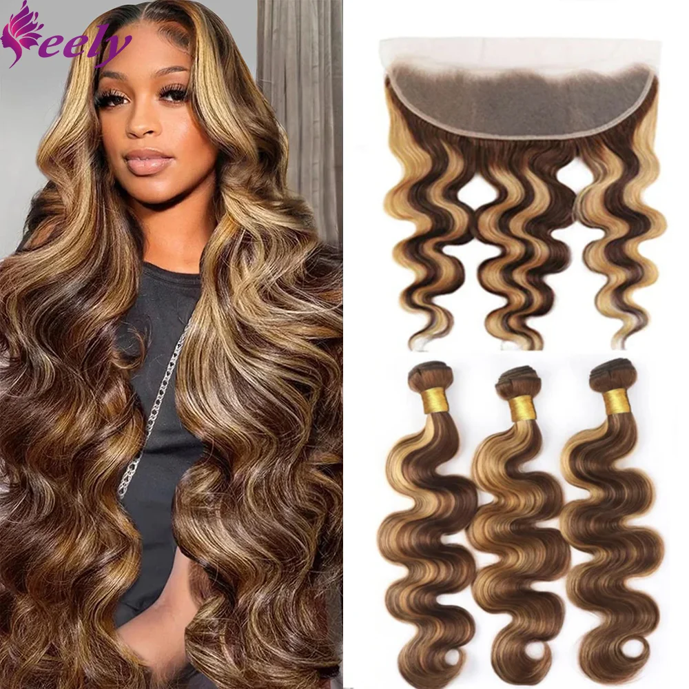 Honey Blonde Bundles With Closure Body Wave 13x4 Lace Frontal Human Hair Bundles With Closure Extensions 26 28 Inch Color #P4/27