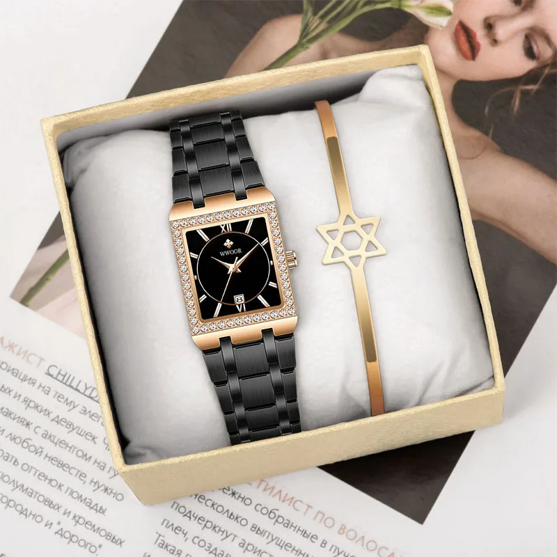 WWOOR Top Brand Luxury Fashion Watches For Women Ladies Square steel Wrist Watch Waterproof Female Quartz Clock Relogio Feminino