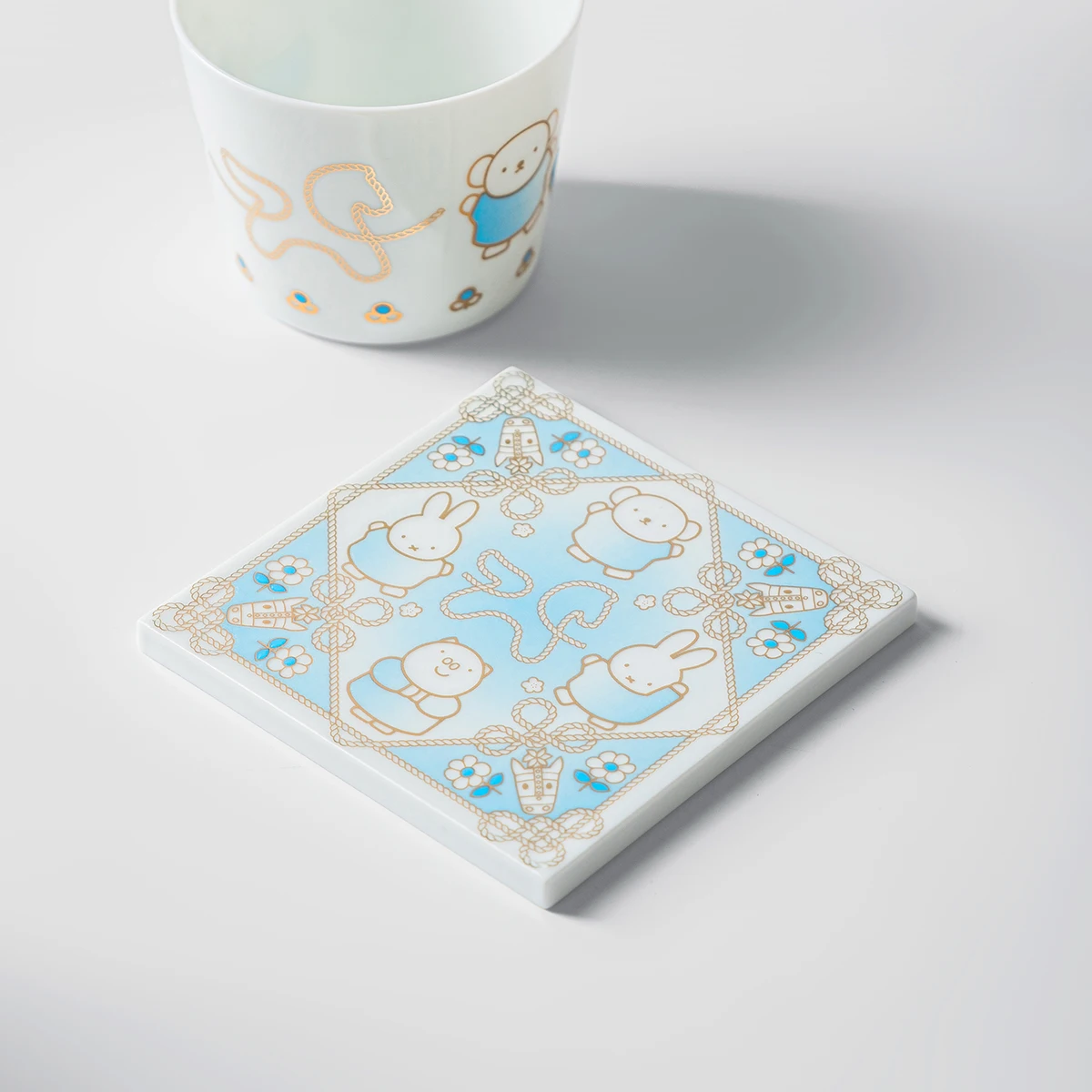 Miffy Porcelain Art Tile, Year of the Horse Zodiac, Jingdezhen Ceramic Coaster 10cm, Blue Gold Rope Knot Chinoiserie, Gift
