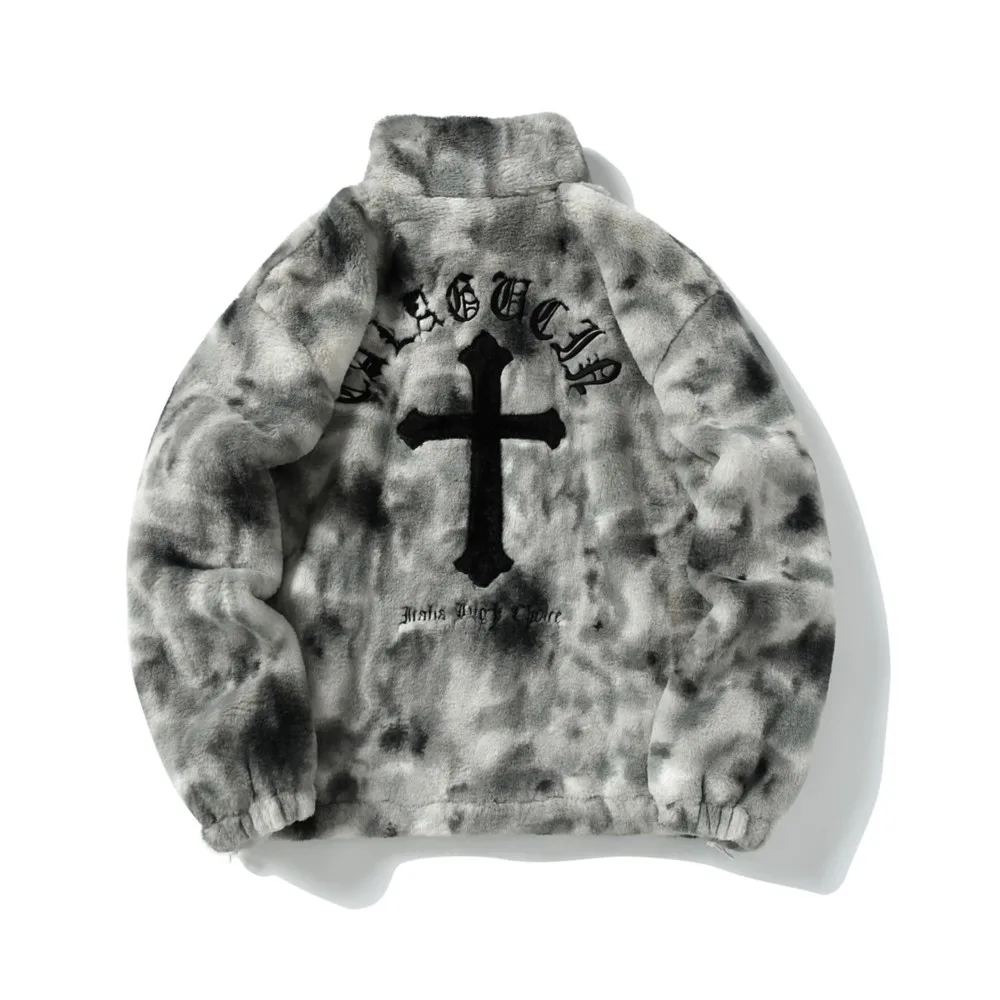 

Tie Dye Rabbit Fur Plush Mens Coat, Thicken Women's Jacket With Hip Hop Cross Letters, Oversize Harajuku Zip Up Outwear