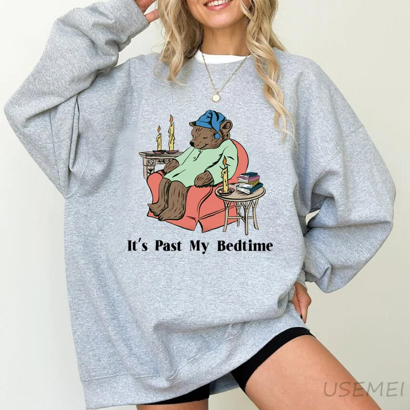 It\'s Past My Bedtime Sweatshirt Women Funny Sleepy Bear Graphic Sweatshirts Trendy Top Pullover Long Sleeve Aesthetic Clothing