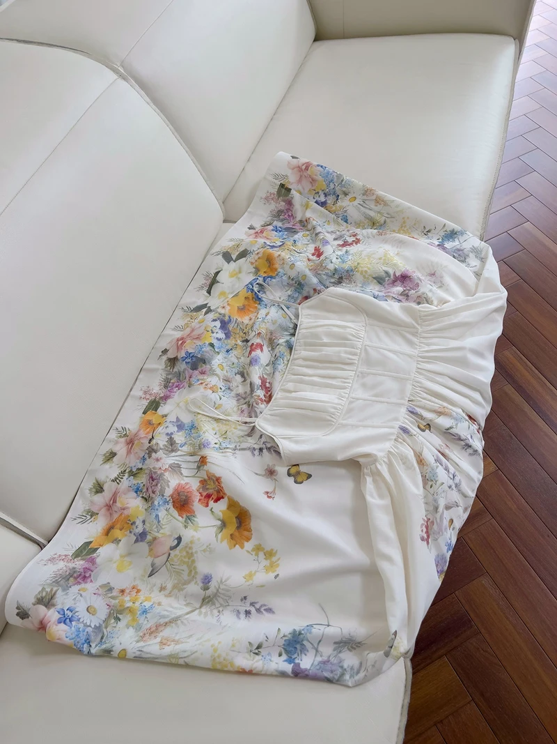 

Summer 2025 Ele Fibone Design White Printed Vaion Sle Women's Dr Long A-Line Skirt Bal Polyester Fiber