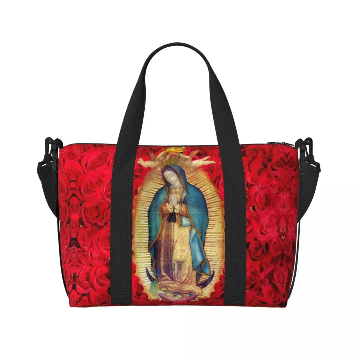 Custom Guadalupe Virgin Mary With Flowers Beach Tote Bag for Women Extra Large Gym Carry On Catholic Travel Shopping Bags